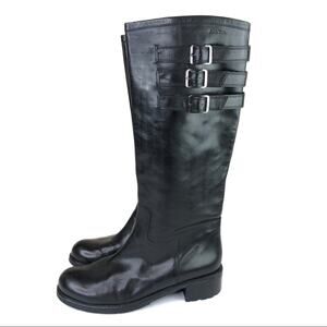 Ann Tuil Black Leather Three Buckle Tall Boots.